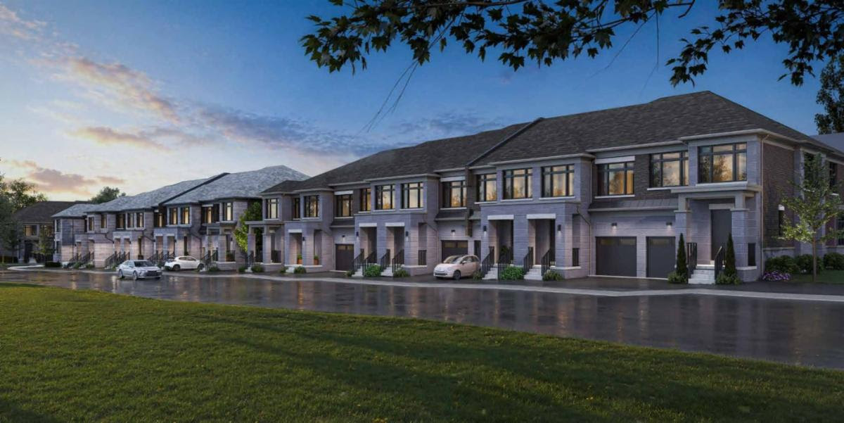 Dusk streetscape rendering of Kingshaven Towns freehold townhomes in Upper Markham
